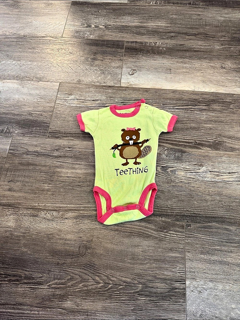 Lazy One TeeThing Beaver Bodysuit Baby 6M Green & Pink